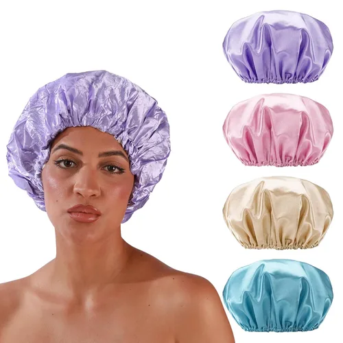 Miniatura 12 de Smilco Paquete de 2 gorros de ducha para mujer, reutilizables, impermeables, de doble capa, cubierta elástica grande de EVA para el cabello, se