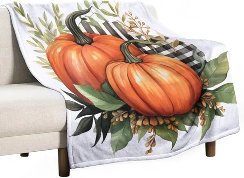 Miniatura 39 de Manta de lana cuadriculada con diseño de calabaza, hojas de arce, Acción de Gracias, manta de cama para otoño, Acción de Gracias, ligera, súper