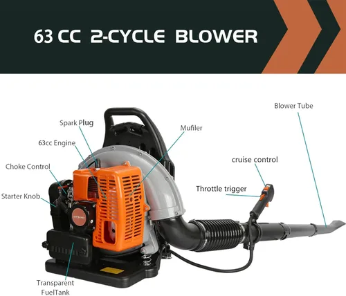 Miniatura 3 de Soplador de hojas de mochila, 63CC 665 CFM 3HP Motor de 2 tiempos soplador de hojas de gas, soplador de hojas de gas de alta resistencia, soplador