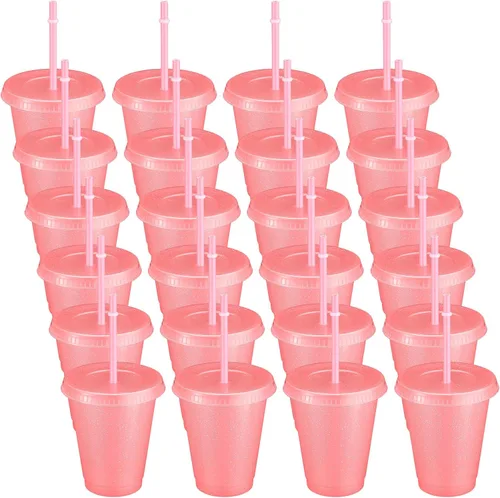 Roshtia Paquete de 24 vasos de plástico con tapa y pajita, vasos reutilizables, botellas de agua a granel, taza de viaje para café helado, taza para