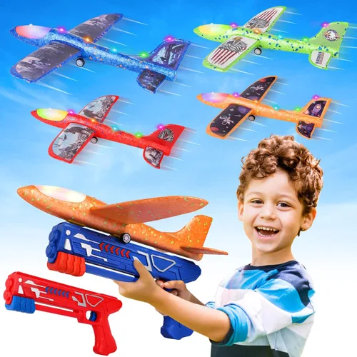 Fuwidvia Paquete de 4 juguetes lanzadores de aviones, juguete de avión de espuma LED con 2 modos de vuelo para niños, juguetes voladores al aire