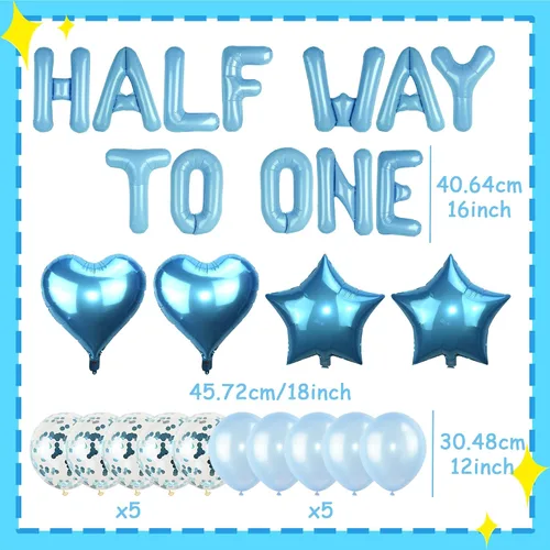 Miniatura 5 de JeVenis Globos de Mitad Camino a Uno para Cumpleaños de 1/2 Año, Decoraciones de Cumpleaños de Mitad Camino a Uno (azul)