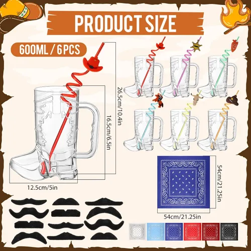 Miniatura 2 de Sliner 30 piezas de recuerdos de fiesta de vaquero incluyen 6 tazas de botas de vaquero de 20 onzas, 6 pajitas de plástico de vaquera, 6 bandanas