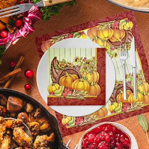 Miniatura 5 de Paquete de 60 servilletas de papel para el día de Acción de Gracias, 13 x 13 pulgadas, desechables, cornucopia, calabaza, vajilla, almuerzo, cóctel