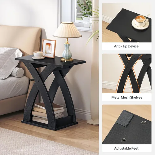 Miniatura 9 de HOOBRO Mesa auxiliar para sala de estar, mesa auxiliar estrecha para espacios pequeños, mesa auxiliar negra de 3 niveles con estante