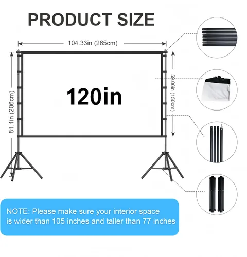 Miniatura 2 de Pantalla de proyector de 120 pulgadas con soporte, pantalla de proyección portátil para exteriores, pantalla de cine trasera frontal con bolsa