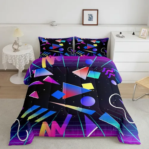 Juego de edredón decorativo para niños, tamaño individual, color azul con juego de ropa de cama geométrica multicolor, edredón de círculos de neón,