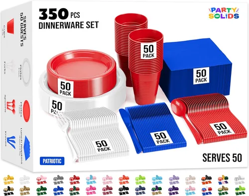 Miniatura 16 de Party Solids 350 Piezas Platos de Plástico Blanco Para Fiestas, Juego de Platos Desechables Blancos, 50 de Cada Juego de Platos para Cena de 9