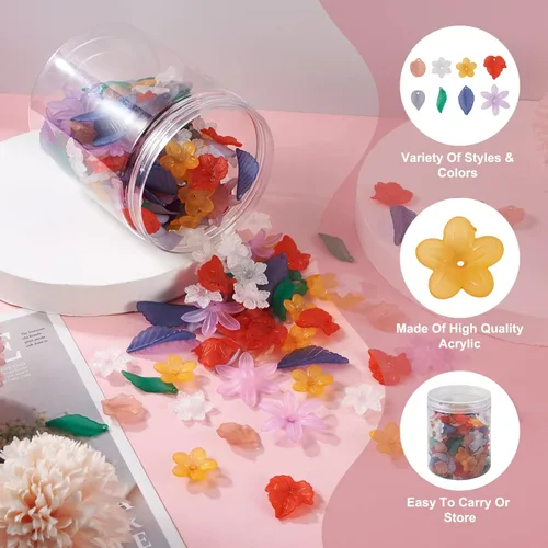 Miniatura 5 de PH PandaHall 240 dijes de resina acrílica de hojas de flores con temática otoñal, 8 estilos de cuentas esmeriladas para bricolaje, colgantes