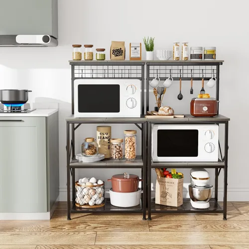 Miniatura 7 de Furologee Estante de Panadería de Cocina con Aparador, Estación de Barra de Café de 4 Niveles, Soporte para Horno Microondas con 6 Ganchos en S