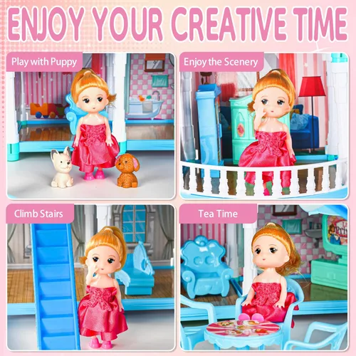 Miniatura 3 de Seifar Casa de muñecas para niñas, 10 habitaciones, juguete de casa azul con figuras de muñecas, cachorros, luces, muebles, accesorios, casa