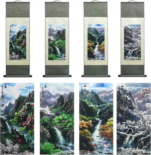 Miniatura 36 de AtfArt Decoración asiática de pared, hermosa pintura de pergamino de seda, 4 flores de hombre justo, orquídea ciruela, bambú, crisantemo, decoración