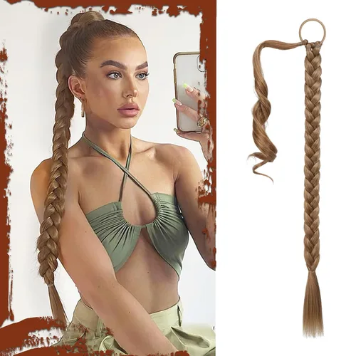 Miniatura 60 de Sofeiyan Extensión de cola de caballo de trenza larga con banda para el cabello, lacio, elegante, envolvente, extensiones de cabello trenzado, cola