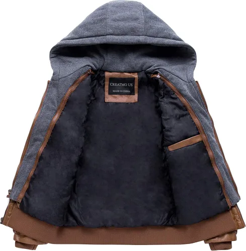 Miniatura 3 de CREATMO US Chaqueta de piel sintética para hombre, impermeable, resistente al viento, PU con capucha extraíble