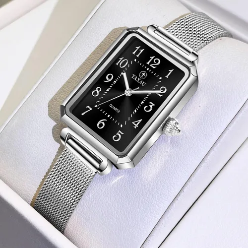 Miniatura 2 de Reloj cuadrado para mujer, pulsera de malla de acero inoxidable, rectangular, reloj de vestir para mujer, reloj de pulsera analógico de cuarzo