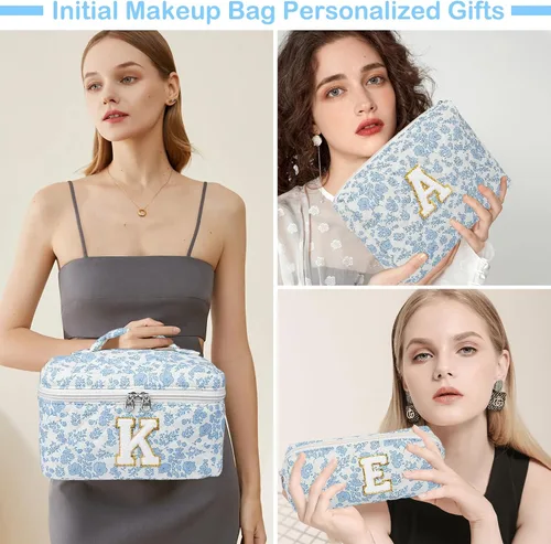 Miniatura 5 de Set de Bolso de Maquillaje Inicial Junesters, Bolso de Maquillaje Acolchado Personalizado, Bolso de Cosméticos Floral Grande para Mujeres, Bonitos