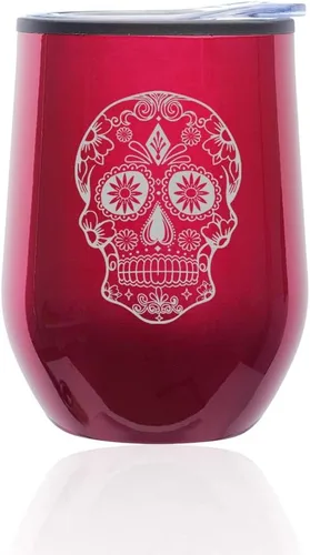 Miniatura 4 de Vaso de vino sin tallo, taza de viaje de café con tapa, calavera de caramelo de azúcar (oro rosa)