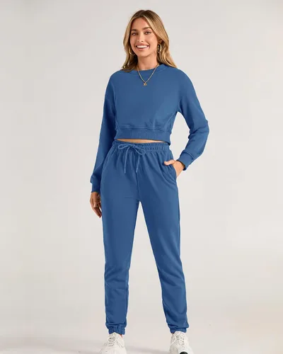 Miniatura 14 de BTFBM Conjunto deportivo de 2 piezas para mujer, camiseta corta de manga larga, sin botones, pantalón con cordón ajustable, pantalones deportivos