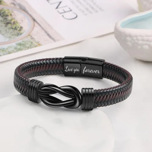 Miniatura 6 de Brown Braided Leather Stainless Steel Infinity Bracelets Lettering Love You Forever Gifts for Son Grandson Husband Boyfriend Brother Always Linked