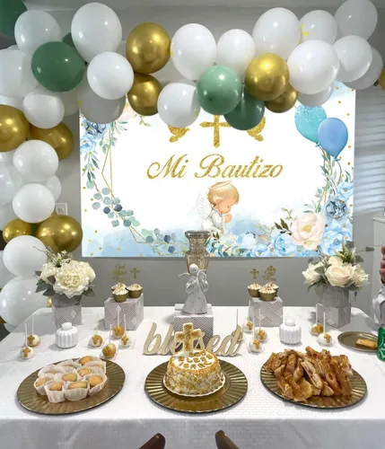 Miniatura 4 de Mi Bautizo - Telón de fondo de bautismo de 7 x 5 pies, decoración de bautizo para la primera comunión, flor azul, lindo ángel Dios bendiga fondo