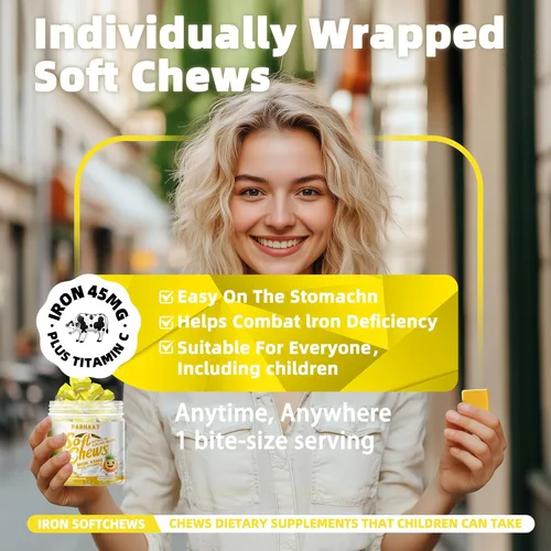 Miniatura 5 de Suplemento masticable suave de hierro con vitamina C Sabor a piña Sin gluten Suplemento de hierro para mujeres, hombres y niños 60