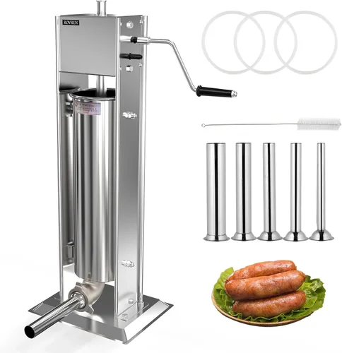 Miniatura 9 de ROVSUN Embutidora de salchichas manual de 11LBS/5L, máquina de salchichas vertical de dos velocidades de acero inoxidable, máquina de relleno
