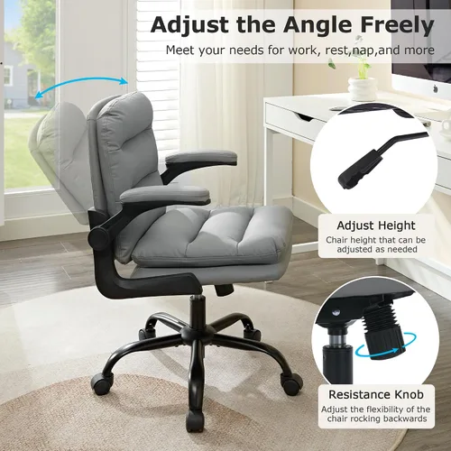 Miniatura 4 de VECELO Silla giratoria ergonómica de escritorio de oficina con reposabrazos abatible y altura ajustable, soporte lumbar y cojín grueso de piel Gris