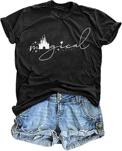 Camiseta mágica para mujer, camiseta de reino mágico con estampado de castillo, camiseta familiar de manga corta, tops casuales de verano