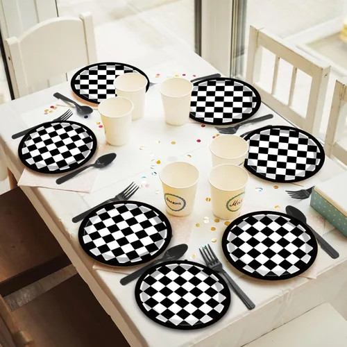 Miniatura 6 de 48 platos de papel de fiesta con bandera a cuadros en blanco y negro para suministros de fiesta de autos de carreras de 7 pulgadas, platos de postre