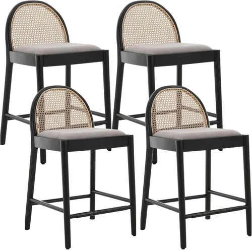 Miniatura 20 de DUOMAY Juego de 2 taburetes de mostrador modernos de ratán beige, 26 pulgadas de altura - Taburetes de bar de madera tapizados en lino con respaldo