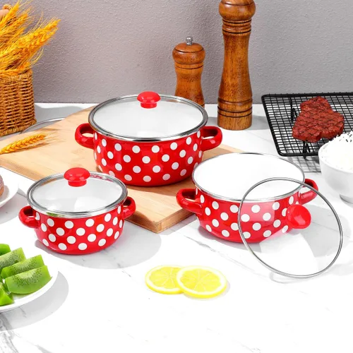 Miniatura 9 de Juego de 3 mini ollas de cocina esmaltadas con asas dobles y tapas, parte inferior plana para calefacción uniforme para sopas, salsas, guisos, uso