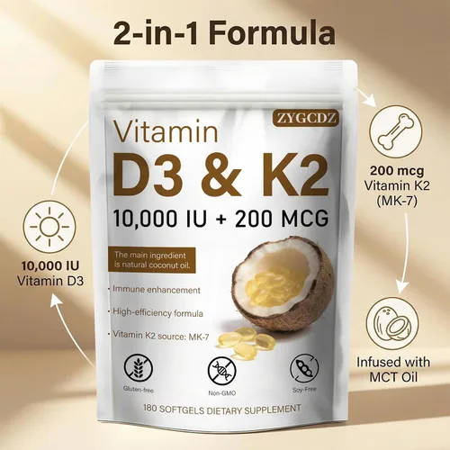Miniatura 8 de Vitamina D3 10000 UI con cápsulas blandas K2 MK-7 de 200 mcg, 180 unidades Apoya la salud ósea, cardíaca e inmunológica Absorción mejorada