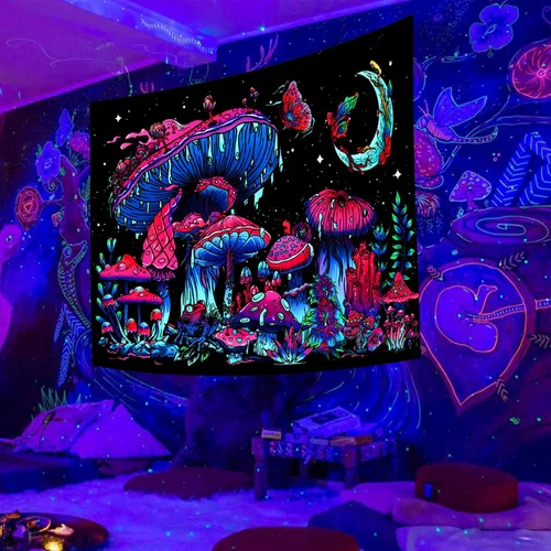 Miniatura 3 de TUGCAY Tapiz de hongos con luz negra, que brilla en la oscuridad, tapiz de plantas con luz negra, fantasía, hongo, mariposa, luna, reactivo a