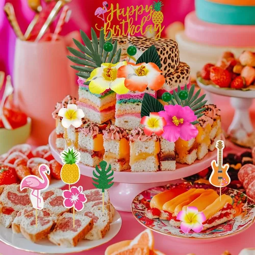 Miniatura 5 de 29 piezas de decoración de pastel de flores, hojas de palma, bola de mariposa, decoración bohemia para tartas, decoración de pastel de cumpleaños