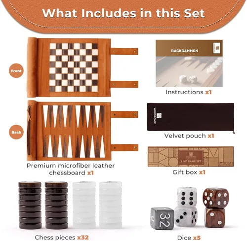 Miniatura 5 de Woodronic Juego de damas de backgammon de ajedrez de viaje 3 en 1, juego de backgammon de cuero enrollable con 32 piezas de perlas premium y 5 Marrón