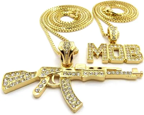 Miniatura 3 de Shiny Jewelers USA Juego de collar de cadena con colgante para hombre, pistola AK 47 picador pulgar, vida, Metal, Circonia cúbica