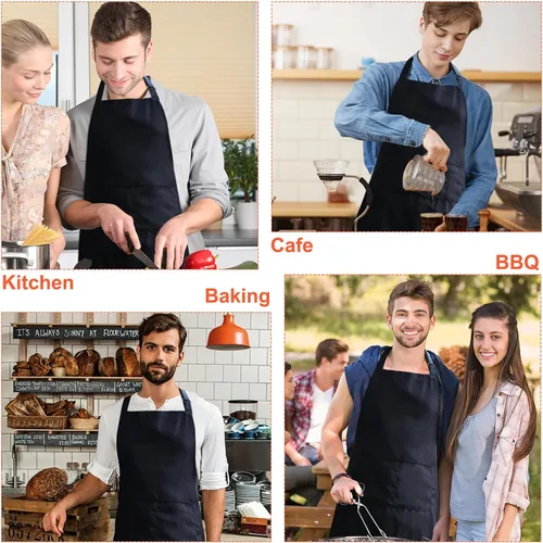 Miniatura 5 de Delantal con pechera, delantales negros unisex, ajustables, lavables, con 2 bolsillos para cocina, manualidades, barbacoa, dibujo