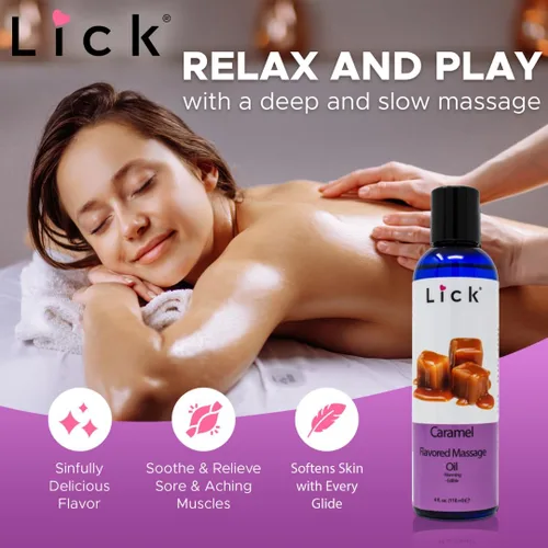 Miniatura 3 de Lick Aceite de masaje con sabor a caramelo, aceite de masaje comestible de postre cálido con vitamina E, textura suave y segura para el cuerpo