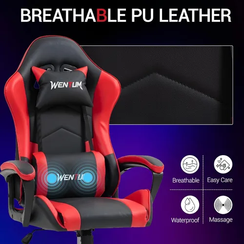 Miniatura 7 de Silla gamer de piel sintética con masaje, para PC y videojuegos, con soporte lumbar para hombres y mujeres, para el hogar y la oficina, altura Rojo