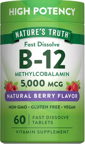 Nature's Truth Vitamina B12 de 5000 mcg | 60 tabletas | Sabor natural de bayas de disolución rápida | Suplemento vegano, sin OMG y sin gluten