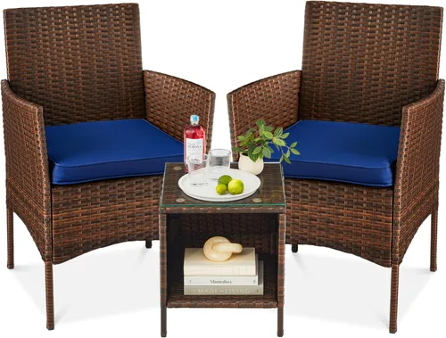 Best Choice Products Juego de 3 piezas de mimbre para conversación al aire libre, muebles de patio que ahorran espacio para jardín con mesa