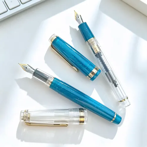 Miniatura 3 de Jinhao 82 Pluma estilográfica acrílica con convertidor, blanco transparente y azul malaquita con borde dorado, juego de 2 bolígrafos de escritura