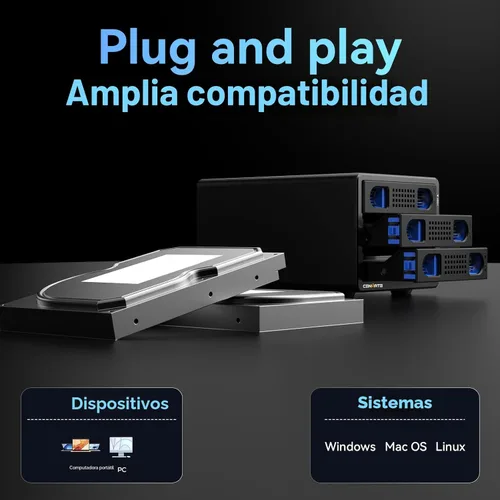 Miniatura 8 de CENMATE Caja de disco duro de 3 bahías con ventilador de refrigeración para HDD/SSD SATA de 2.5"/3.5" con USB A/C 3.0, compatible con 60 TB