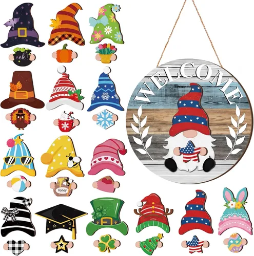 Miniatura 29 de Qunclay 31 piezas 3D de grano natural intercambiable de madera gnomo para puerta, decoraciones navideñas de gnomo con piezas magnéticas y sombreros