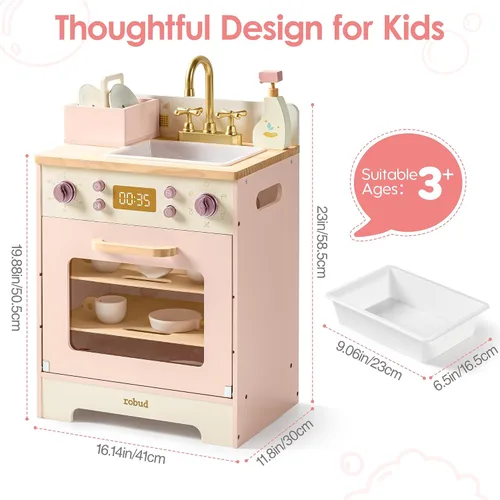 Miniatura 3 de ROBUD Juego de lavavajillas de madera, juego de cocina de juguete, lavavajillas de juguete para niños, juguete de cocina con cestas de Rosa