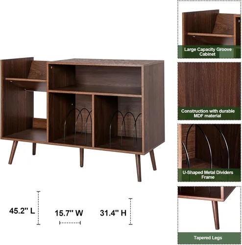 Miniatura 5 de Soporte grande para tocadiscos, mesa de almacenamiento de discos de vinilo de mediados de siglo con patas de madera y almacenamiento de discos