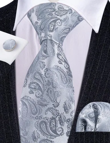 Miniatura 74 de Barry.Wang - Juego de corbata de seda para hombre, diseño de cachemira, pañuelo y gemelos de bolsillo