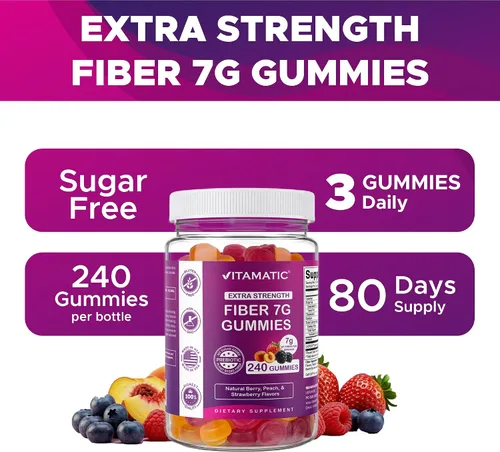 Miniatura 7 de Vitamatic Gomitas de fibra prebiótica para adultos, 7G de fuerza extra, sin azúcar añadida, 240 gomitas a base de pectina, apoyo para la salud