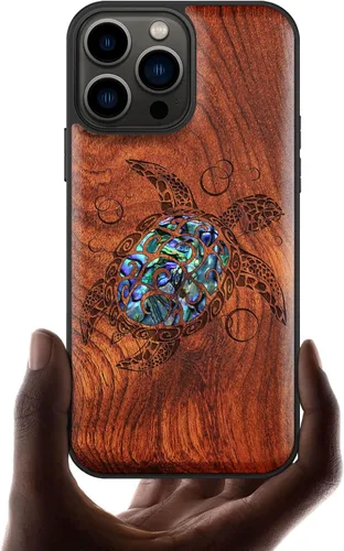 Miniatura 15 de Carveit Funda protectora de madera de diseñador para iPhone 13 Pro Max, cubierta magnética, grabado en madera e incrustaciones de concha, funda