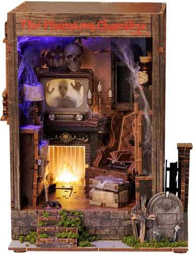 Kit de rincón de libro, kit de casa de muñecas en miniatura 3D de madera para adultos, la cámara fantasma embrujada Booknook con luz LED